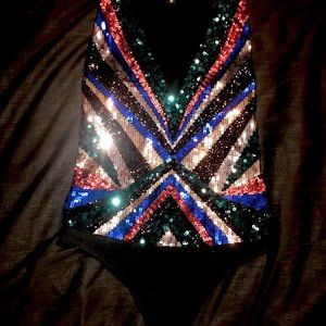 Express Sequin Bodysuit Black, Silver, Multicolor Size XS, Like New